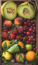 Healthy summer fruit variety. Melon, sweet cherries, peach, strawberry, orange and lemon on wooden tray background