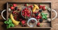 Healthy summer fruit variety. Sweet cherries, strawberries, blackberries, peaches, bananas and mint leaves Royalty Free Stock Photo