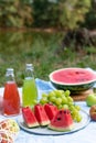 Healthy summer vacation picnic with watermelon, delicious fruits and bottled refreshing drinks Royalty Free Stock Photo