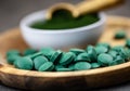 Healthy supplements - chlorella, spirulina algae powder and pills Royalty Free Stock Photo