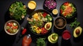 Healthy take away food and drinks, Fresh salad, soup, poke bowl, fruits, coffee and juice. top view
