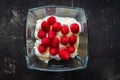 Healthy and tasty breakfast with curd, sour cream, raspberry and honey