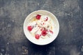 Healthy and tasty breakfast with curd, sour cream, raspberry and honey