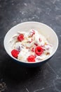 Healthy and tasty breakfast with curd, sour cream, raspberry and honey