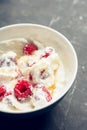 Healthy and tasty breakfast with curd, sour cream, raspberry and honey