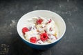Healthy and tasty breakfast with curd, sour cream, raspberry and honey