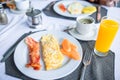 Healthy tasty breakfast on table in outdoor cafe Royalty Free Stock Photo