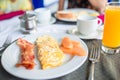 Healthy tasty breakfast on table in outdoor cafe Royalty Free Stock Photo