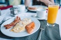 Healthy tasty breakfast on table in outdoor cafe Royalty Free Stock Photo