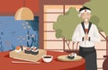 Healthy and tasty Japanese food vector flat illustration. Japan chef making sushi in restaurant.