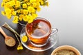 Healthy tea closeup, bucket with coltsfoot flower Royalty Free Stock Photo