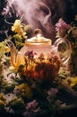Healthy teapot herbal green background water hot tea flowers herb medicine boil drink