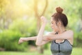 Healthy teen arm stretching sport outdoor exercise warm up Royalty Free Stock Photo