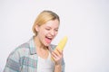 Healthy teeth. agriculture and cultivation. Farming, farmer girl with maize. corn crop. vitamin and dieting food. Happy Royalty Free Stock Photo