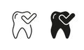 Healthy Teeth Silhouette and Line Icon Set. Tooth with Checkmark Pictogram. Checked Oral Health, Protection and Hygiene