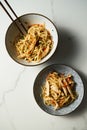 Healthy Thai chicken noodle salad. Aisan cuisine. Fresh and cold boiled rice noodles with chicken and vegetables and Royalty Free Stock Photo