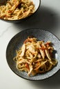 Healthy Thai chicken noodle salad. Aisan cuisine. Fresh and cold boiled rice noodles with chicken and vegetables and Royalty Free Stock Photo