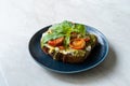 Healthy Toast Tartine with Cream Vegan Cashew Cheese Truffle Flavored, Pesto Sauce and Cherry Tomatoes Royalty Free Stock Photo