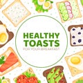 Healthy toasts banner. Sandwiches with different natural ingredients for breakfast menu, healthy nutritious eating for