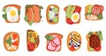 Healthy toasts. Bread toast lunch, snack meal with berry, avocado, sausage and tomatoes. Tasty breakfast sandwiches top