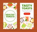Healthy toasts mobile app and banner template set. Sandwiches with different natural nutritious ingredients landing page