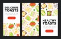 Healthy toasts mobile app templates set. Delicious toasts landing page, card, menu, leaflet, flyer with sandwiches