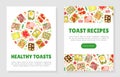Healthy toasts recipes mobile app templates set. Sandwiches with different healthy natural ingredients web banner, card