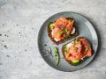 Healthy toasts with rye bread with cream cheese, salmon, fresh cucumber, capers, sesame seeds, black pepper and arugula on plate. Royalty Free Stock Photo