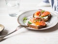 Healthy toasts with rye bread with cream cheese, salmon, fresh cucumber, capers, sesame seeds, black pepper and arugula Royalty Free Stock Photo