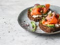 Healthy toasts with rye bread with cream cheese, salmon, fresh cucumber, capers, sesame seeds, black pepper and arugula on plate Royalty Free Stock Photo