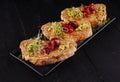 Healthy toasts with salmon pate and fresh green sprouts