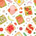 Healthy toasts seamless pattern. Sandwiches with different healthy ingredients repeating print for wallpaper, wrapping