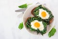 Healthy toasts with spinach and egg on a plate, top view over white marble