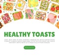 Healthy toasts web banner. Healthy sandwiches with different ingredients landing page cartoon vector