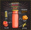 Healthy tomato smoothie recipe on a chalkboard, veggie cocktail menu with tomato, apple, ginseng and cinnamon