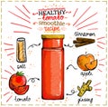 Healthy tomato smoothie recipe, veggie cocktail menu with tomato, apple, ginseng and cinnamon