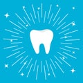 Healthy tooth big icon. Round line circle. Oral dental hygiene. Children teeth care. Shining effect stars. Blue background. Flat d