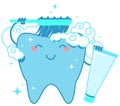 Healthy tooth brushes itself with toothbrush and toothpaste