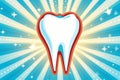 Healthy tooth emblem in starburst of halftone circles, bold representation