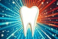 Healthy tooth emblem in starburst of halftone circles, bold representation