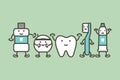 Healthy tooth and funny friend toothbrush, toothpaste, mouthwash and floss, dental care concept Royalty Free Stock Photo