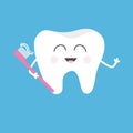 Healthy tooth holding toothbrush with toothpaste. Cute funny cartoon smiling character. Children teeth care icon. Oral dental hygi Royalty Free Stock Photo