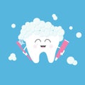 Healthy tooth holding toothpaste and toothbrush. Bubbles foam. Cute funny cartoon Royalty Free Stock Photo