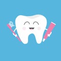 Healthy tooth holding toothpaste and toothbrush. Cute funny cartoon smiling character. Royalty Free Stock Photo