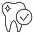 Healthy tooth line icon. Glowing tooth with check mark symbol, outline style pictogram on white background. Dentistry