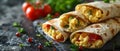 Healthy tortilla wraps filled with eggs cottage cheese fruits and veggies. Concept Healthy Eating,