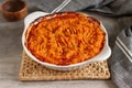 Healthy traditional shepherd pie made with mashed sweet potatoes Royalty Free Stock Photo