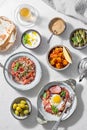 Healthy Turkish breakfast spread in the bright morning, white background Royalty Free Stock Photo