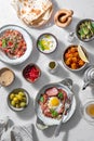 Healthy Turkish breakfast spread in the bright morning, white background Royalty Free Stock Photo