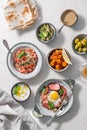 Healthy Turkish breakfast spread in the bright morning, white background Royalty Free Stock Photo